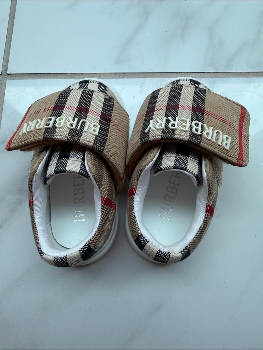 Burberry Kids Plaid Velcro Sneakers in Beige, Black & Red